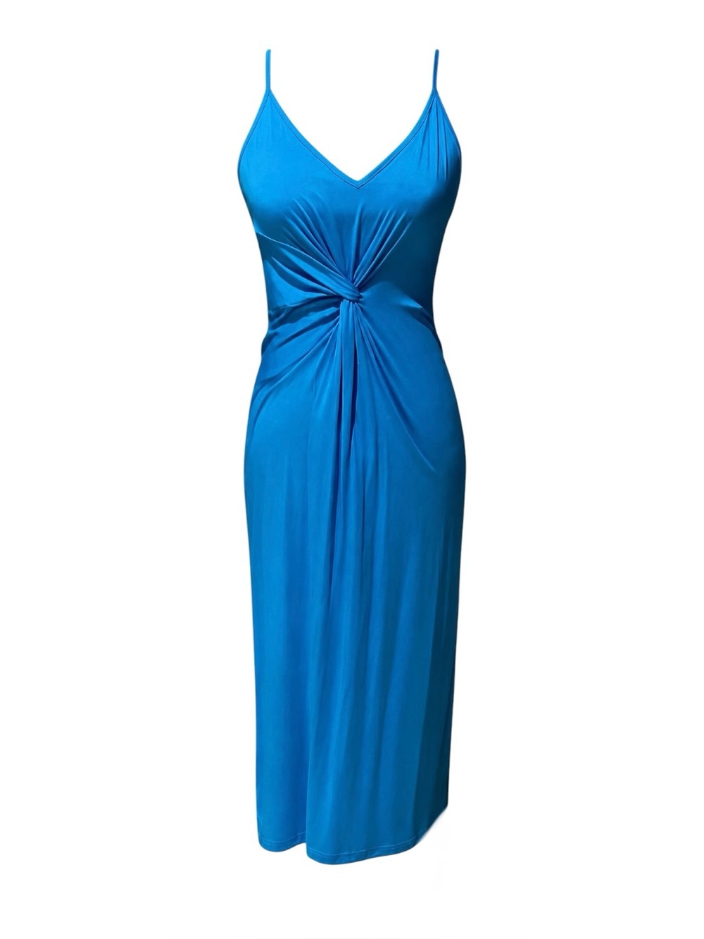 Women’s Blue Spaghetti Strap Ruching Stretch Comfortable Midi Dress Size Small